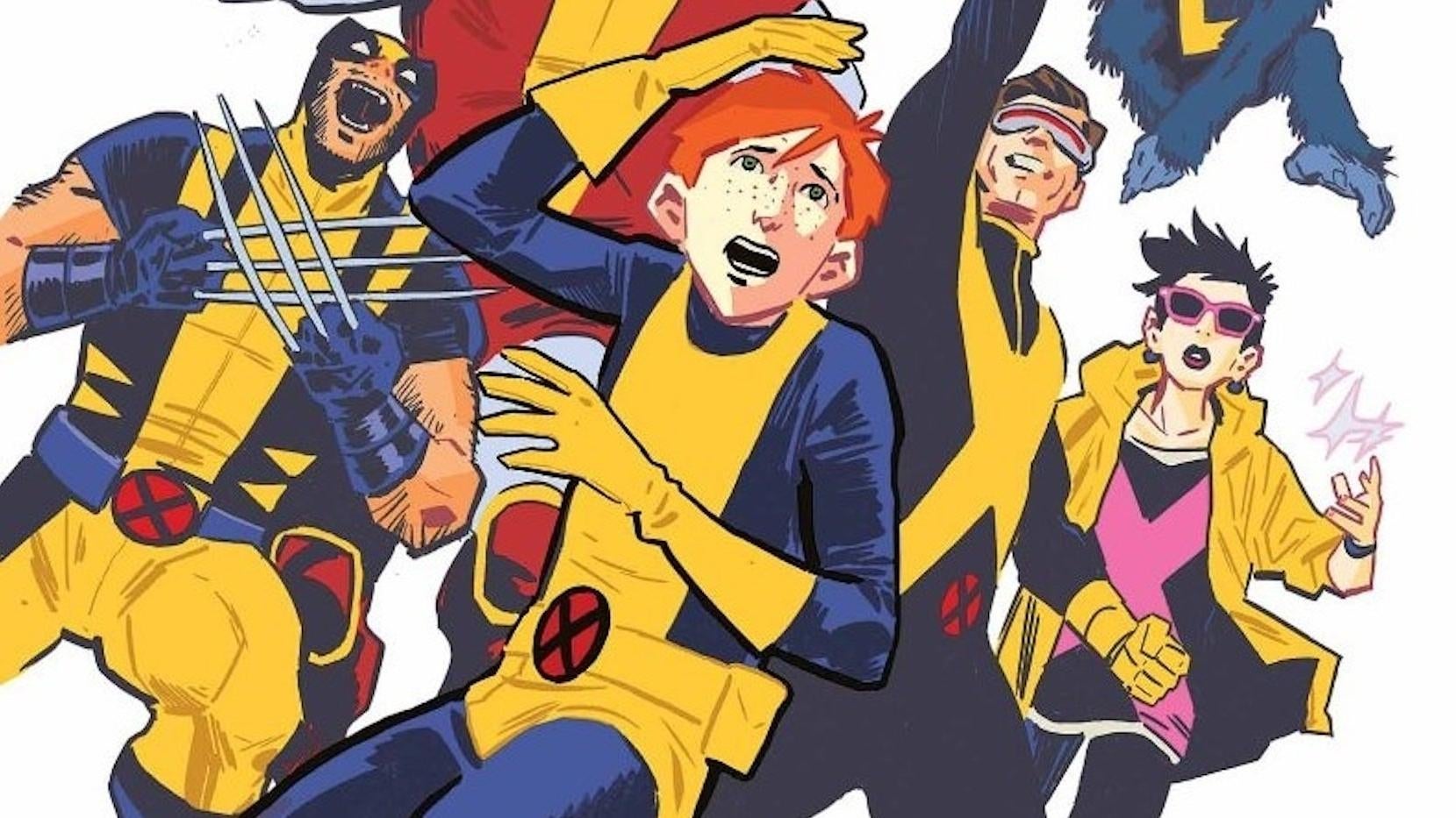 Um garoto fracote se encolhe enquanto os x-men se preparam para a batalha atrás dele